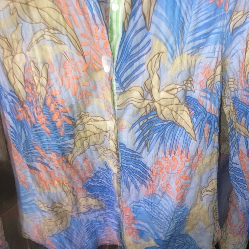 J. McLaughlin Tropical Print Button-Down Shirt in Blue & Orange Resort Luxury - Picture 13 of 16